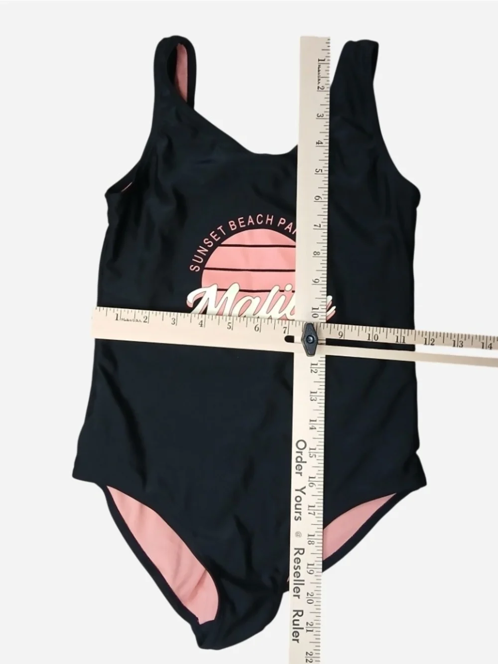 Primark Black One-Piece Swimsuit with Pink Malibu Graphic